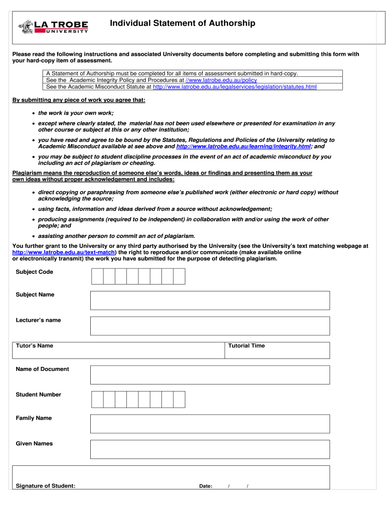 Latrobe Statement of Authorship  Form