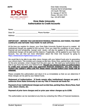 Authorization to Credit Account Dixie State University Dixie  Form