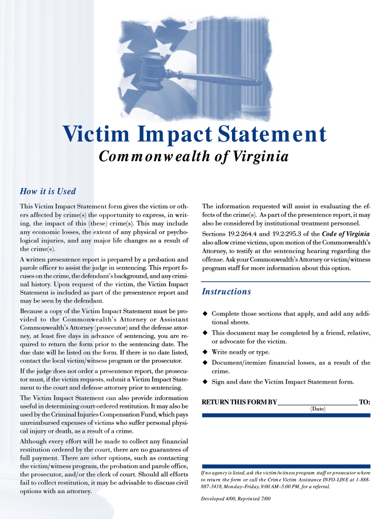 Victim Impact Statement Virginia  Form 2000