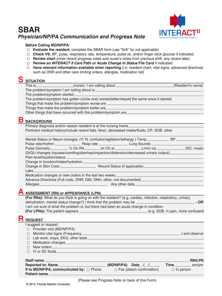 Fillable Sbar Nursing Template PDF  Form