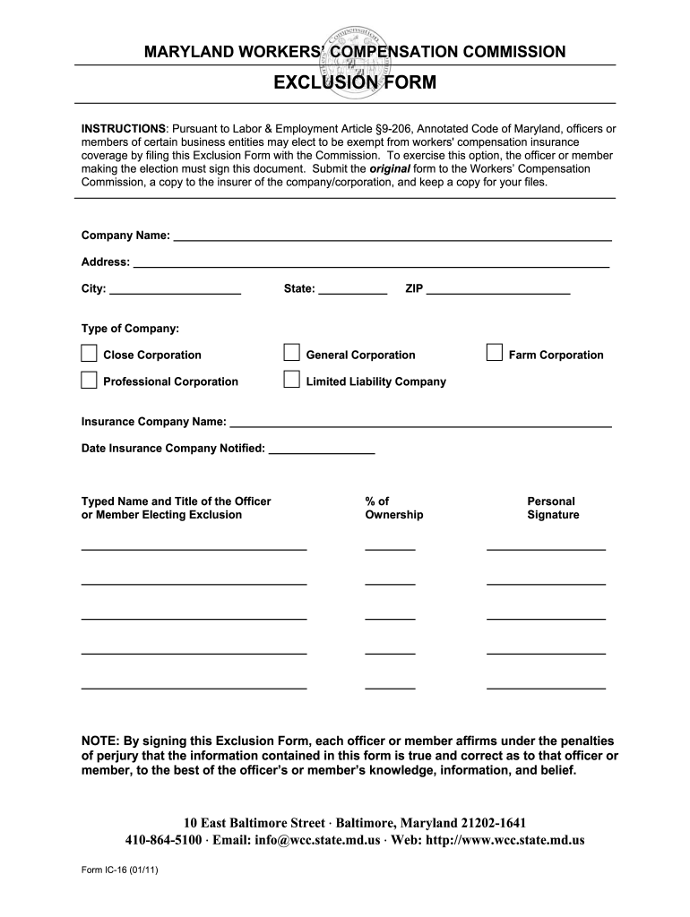  Workers Comp Exclusion Form 2011-2024