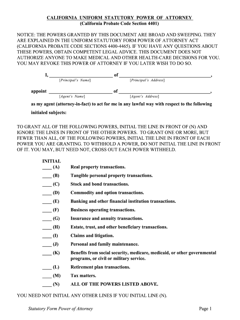 Statutory Power of Attorney California  Form