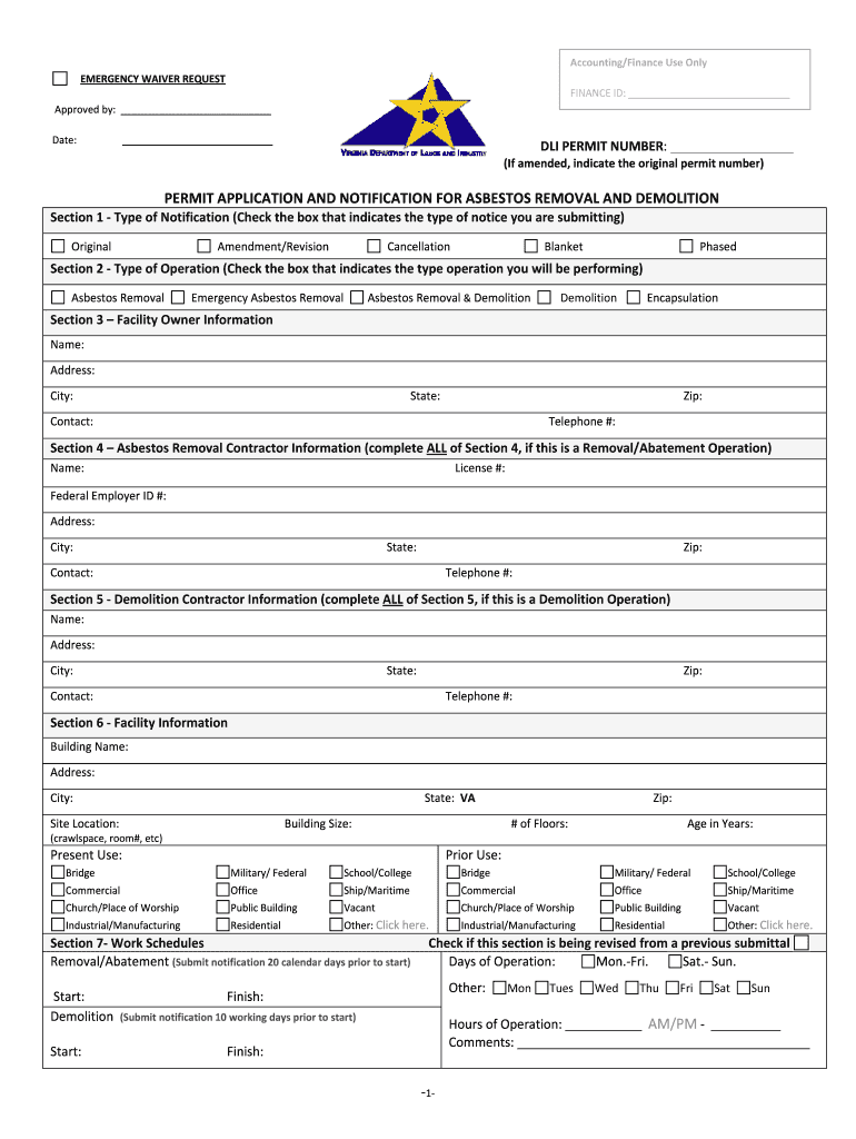 PERMIT APPLICATION and NOTICATION for ASBESTOS    Doli Virginia  Form