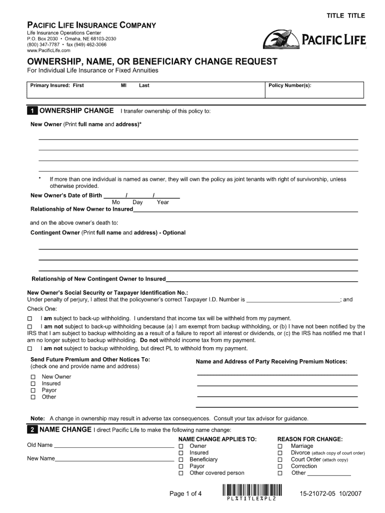  Pacific Life Beneficiary Change Form 2007-2023