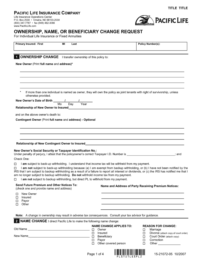  Pacific Life Beneficiary Change Form 2007-2024