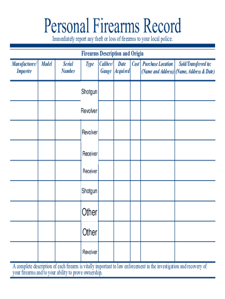 Personal Firearms Record Printable  Form