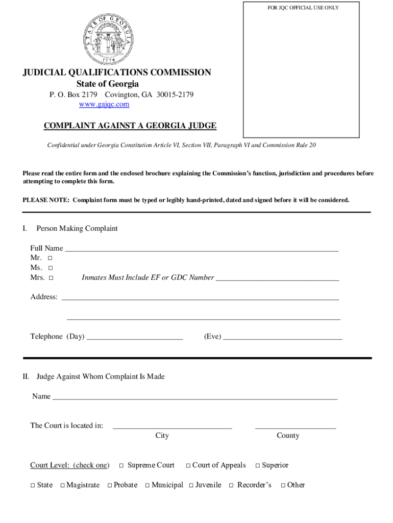  Georgia Judicial Qualifications Complaint Form Website 2015-2024