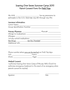 Summer Camp Permission Slip Template  Form