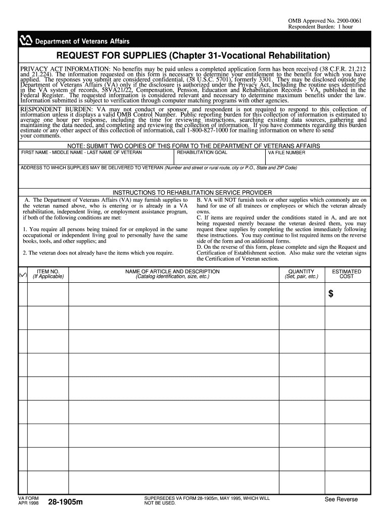  Va Form 28 1905m 2011