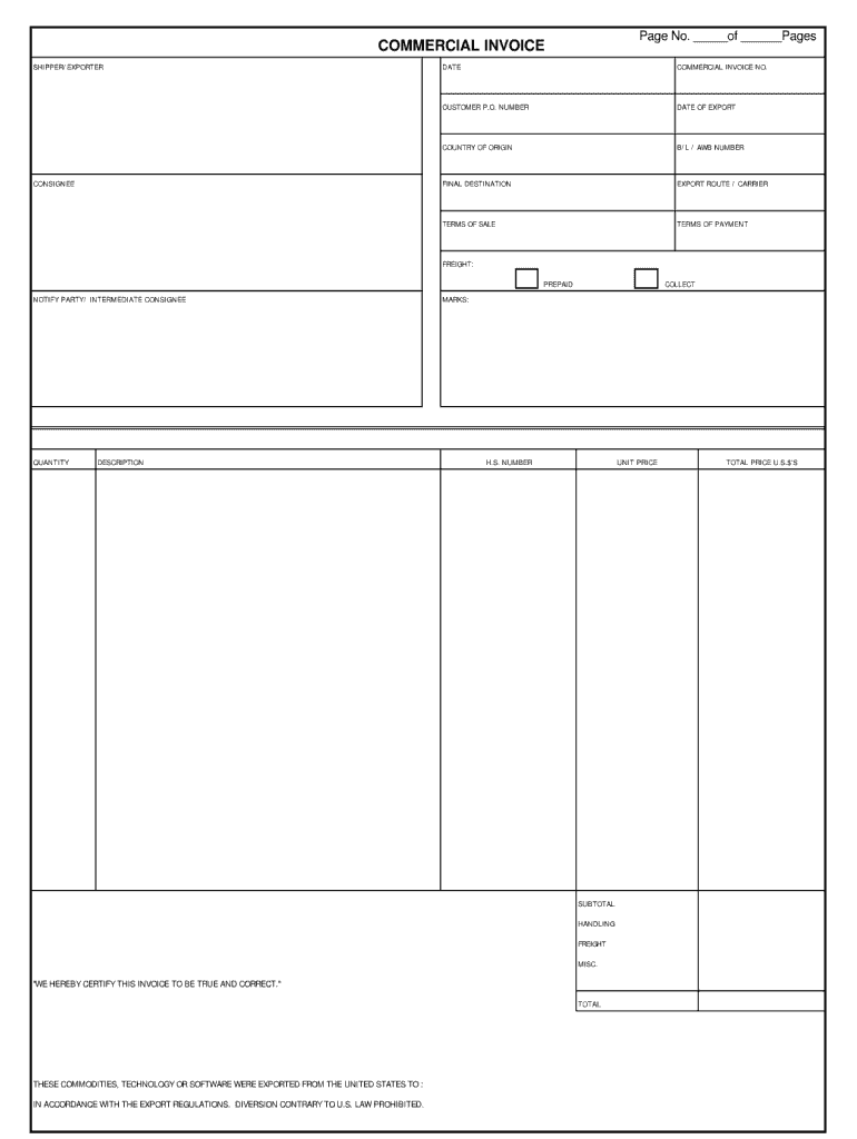 Commercial Invoice Template  Form