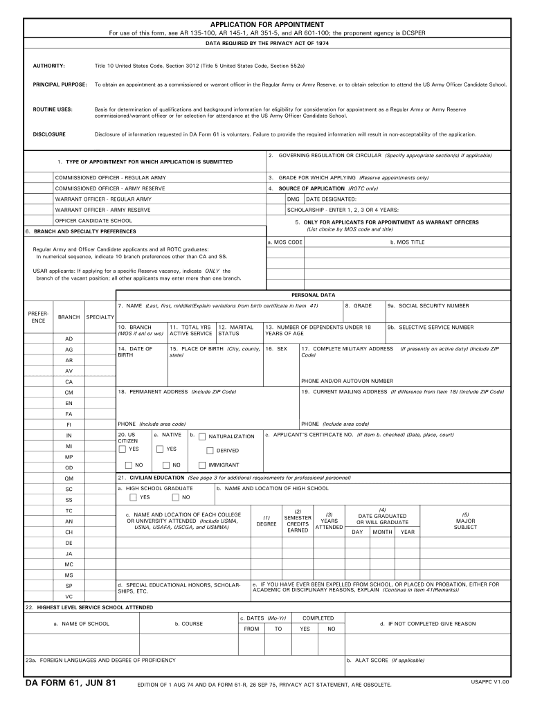 Da Form 61