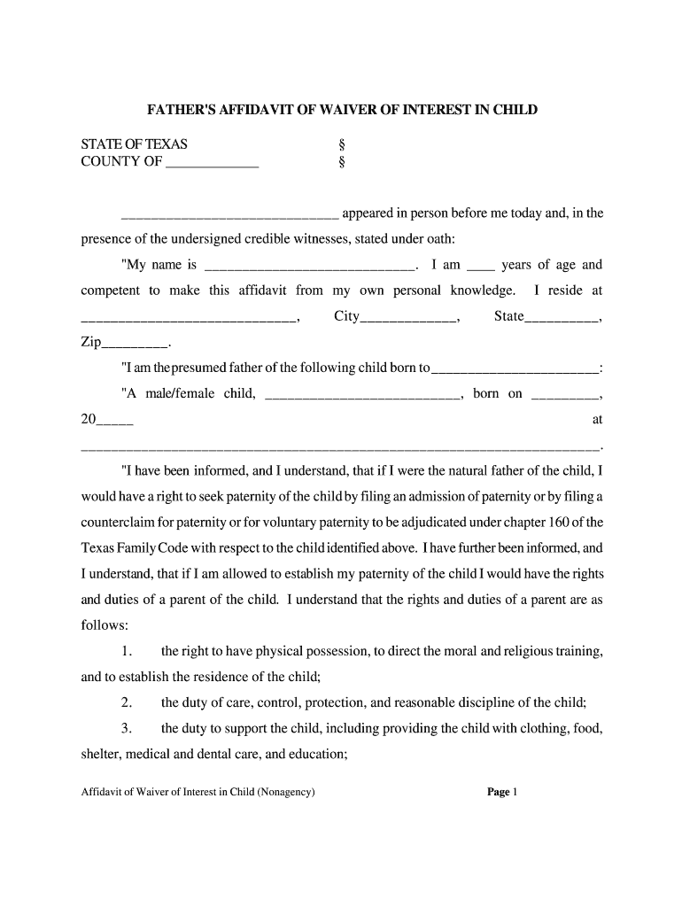 Affidavit of Waiver of Interest in Child  Form