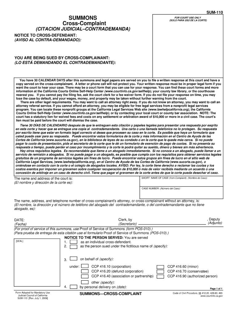 Complaint Summons California  Form