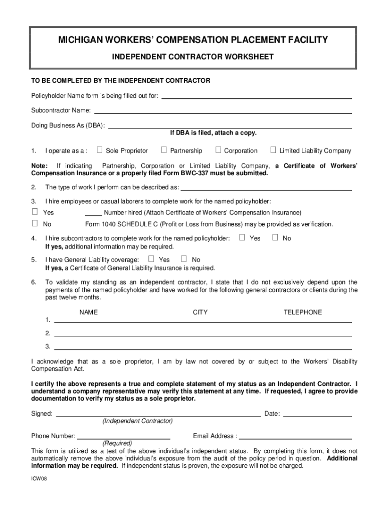  Independent Contractor Worksheet 2008-2024