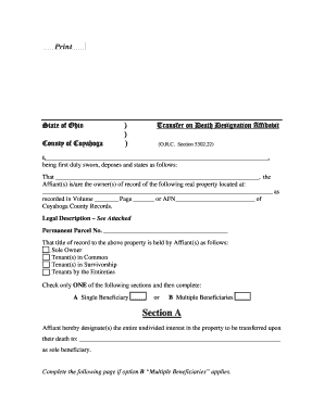 Transfer on Death Designation Affidavit Cuyahoga County  Form