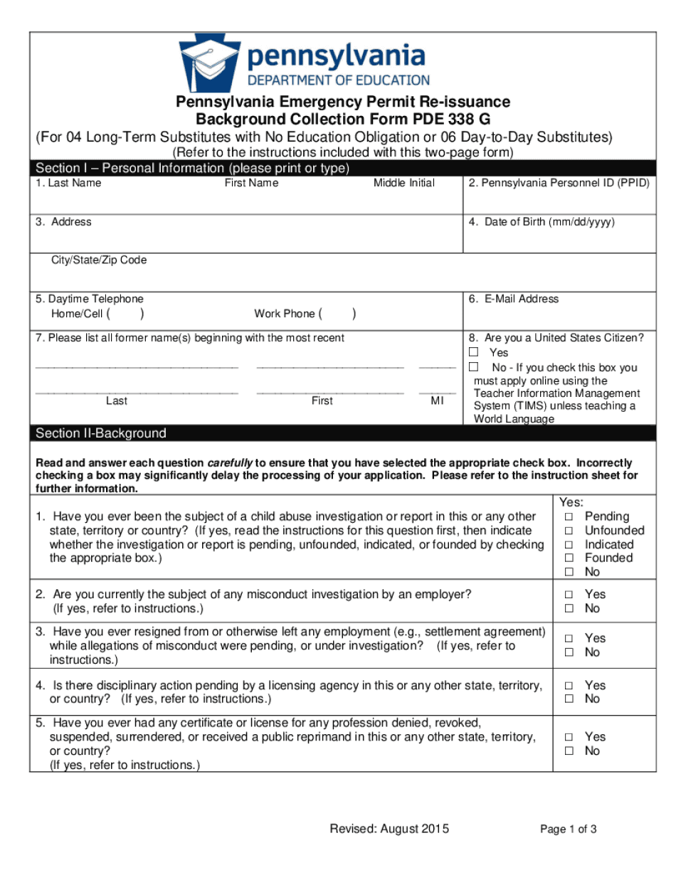 Pennsylvania Emergency Permit Re Issuance  Form