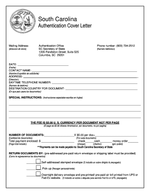 South Carolina Authentication Cover Letter  Form