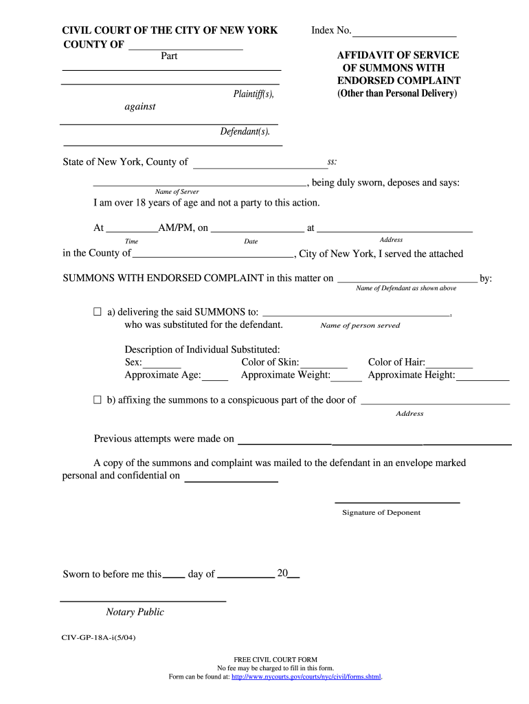 Summons and Endorsed Complaint New York  Form