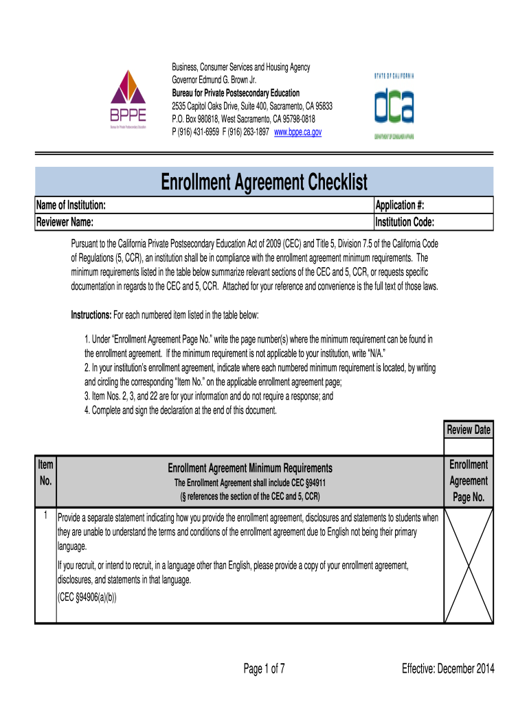  California Bureau for Private Postsecondary Education Enrollment Agreement Checklist California Bureau for Private Postsecondary 2014