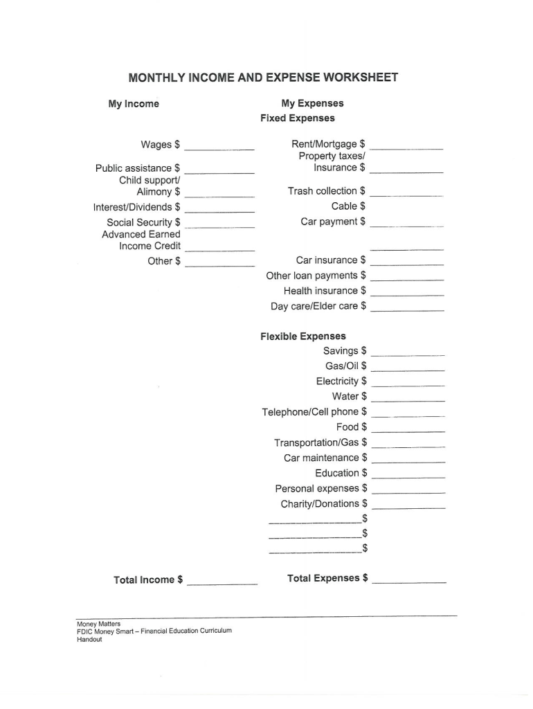 Monthly Expense Worksheet  Form