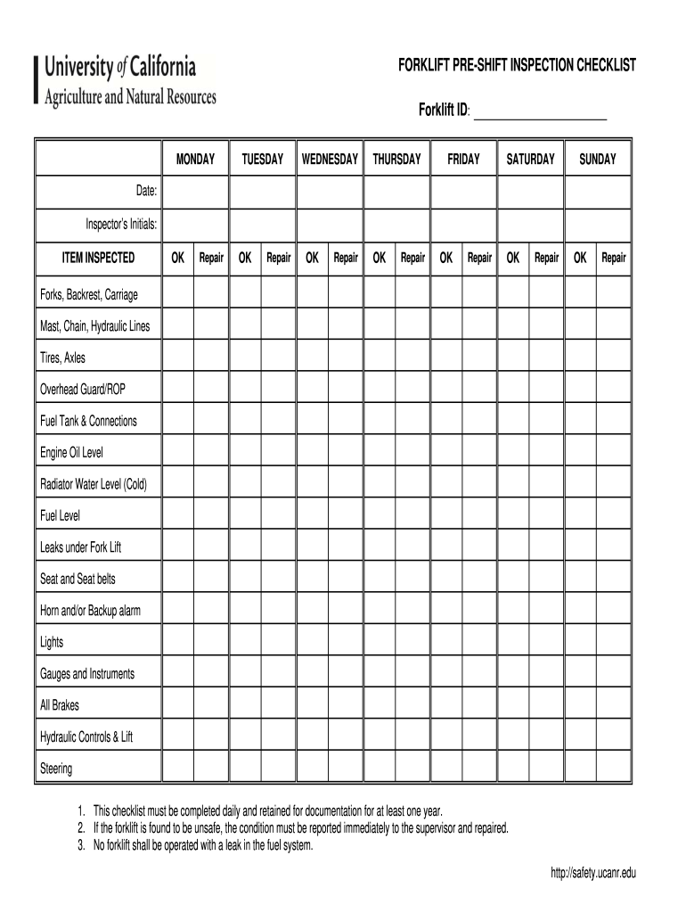 Forklift Checklist  Form