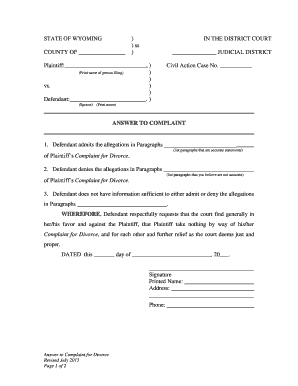 DNCD 5 Answer to Complaint for Divorce Wyoming State Courts State Wy  Form