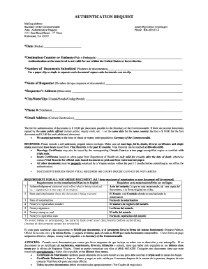 AUTHENTICATION REQUEST Commonwealth Virginia  Form