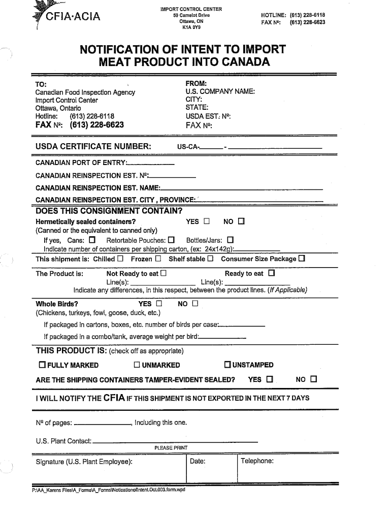 Notification of Intent into Canada  Form