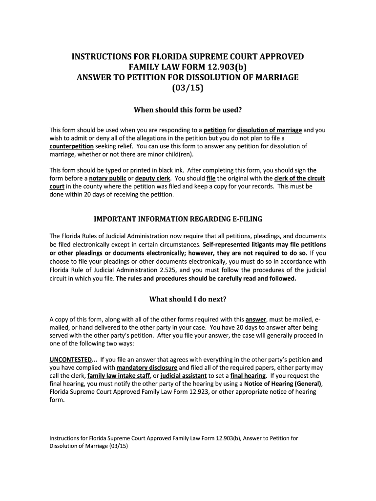  Florida Supreme Court Approved Family Law Form 12 903b, Answer 2015-2024