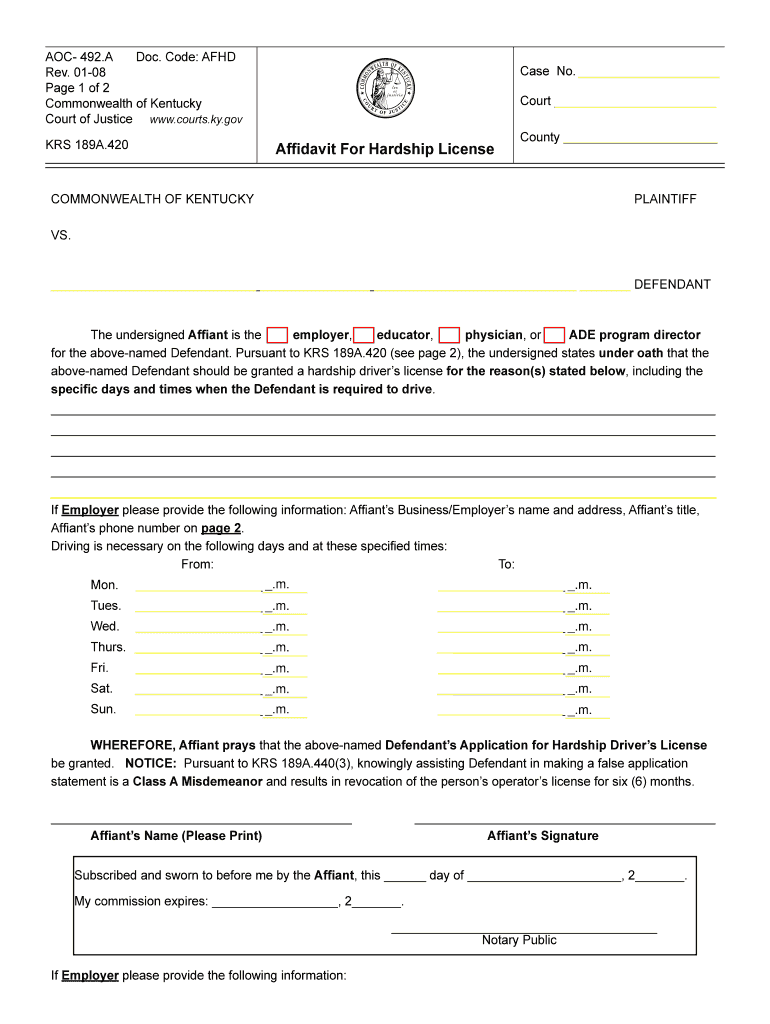  Affidavit for Hardship License Courts Ky 2008