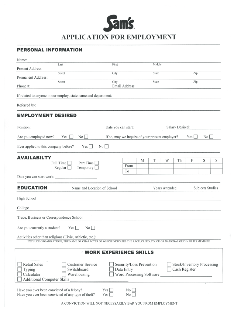 Application for Employment  Sams Outdoor Outfitters  Form