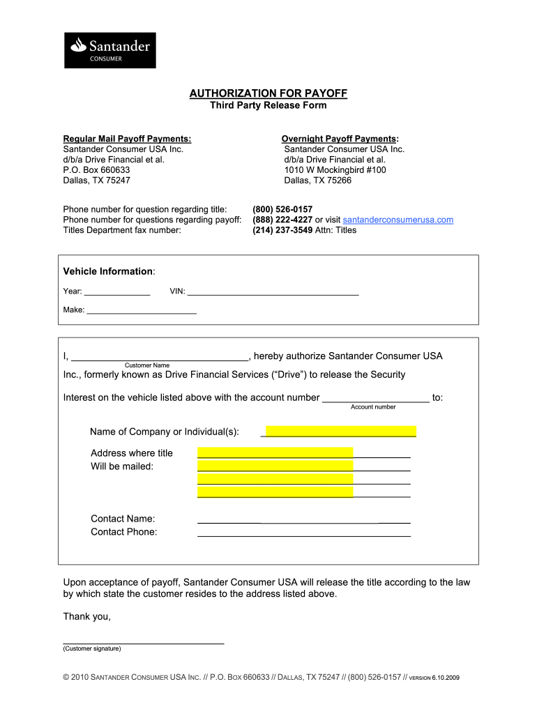 Printable Authorization for Payoff Form