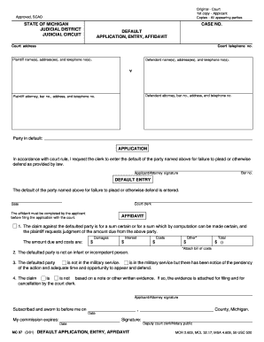  State of Michigan Default Application Affidavit Entry Form 2001-2024