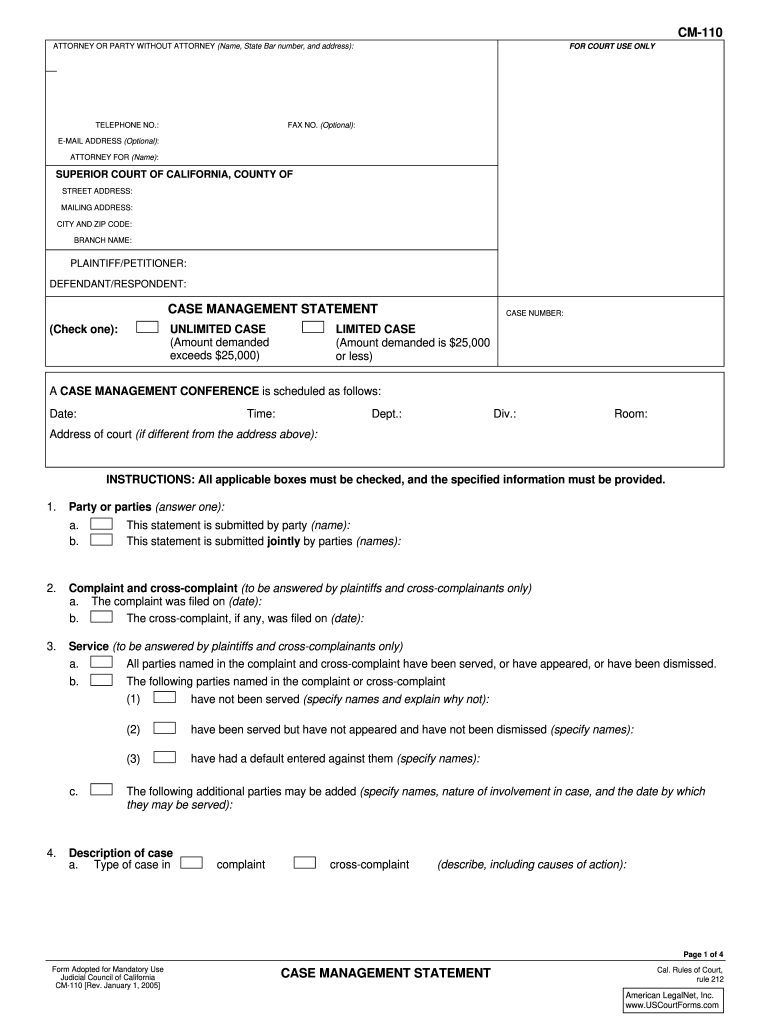 Case Management Statement Cm 110 Fillable Form 2011