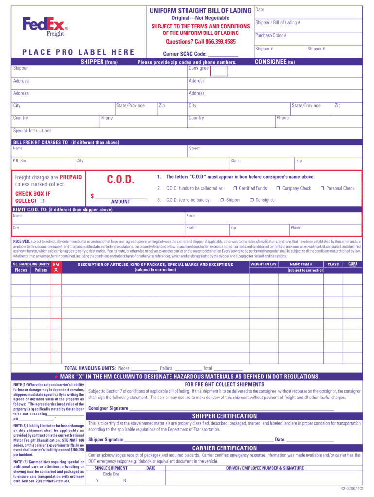  Fedex Bill of Lading Forms 2002