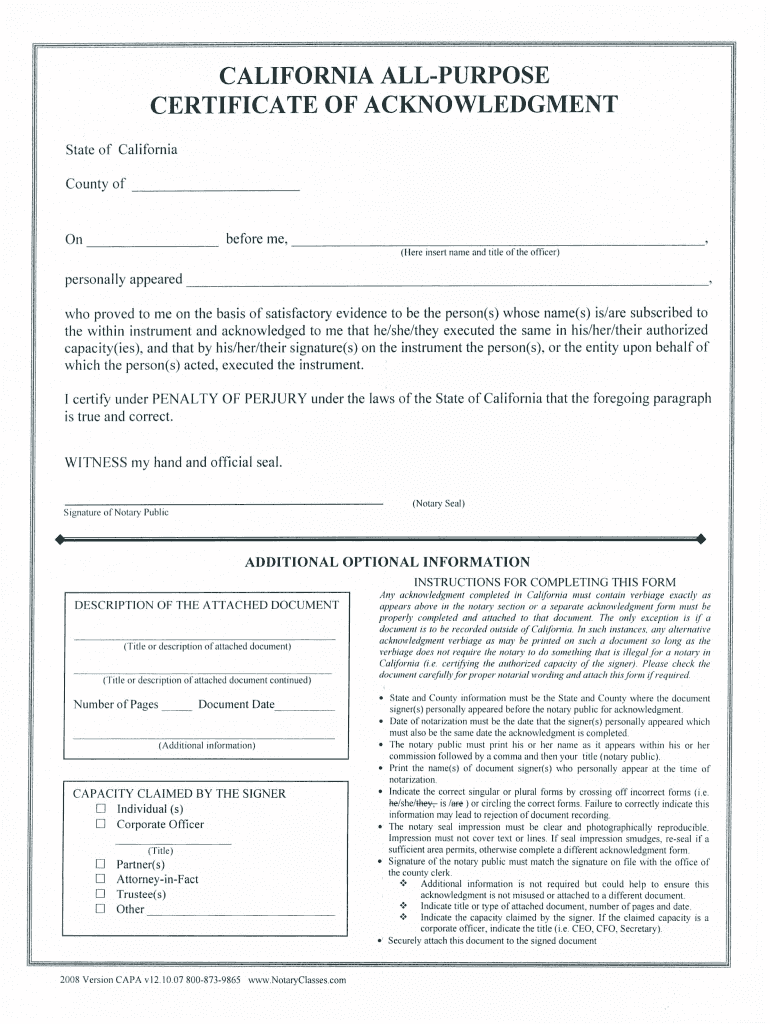  All Purpose Acknowledgement Form 2007