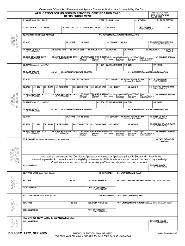 Form 1172 for Dependant ID Military Cards