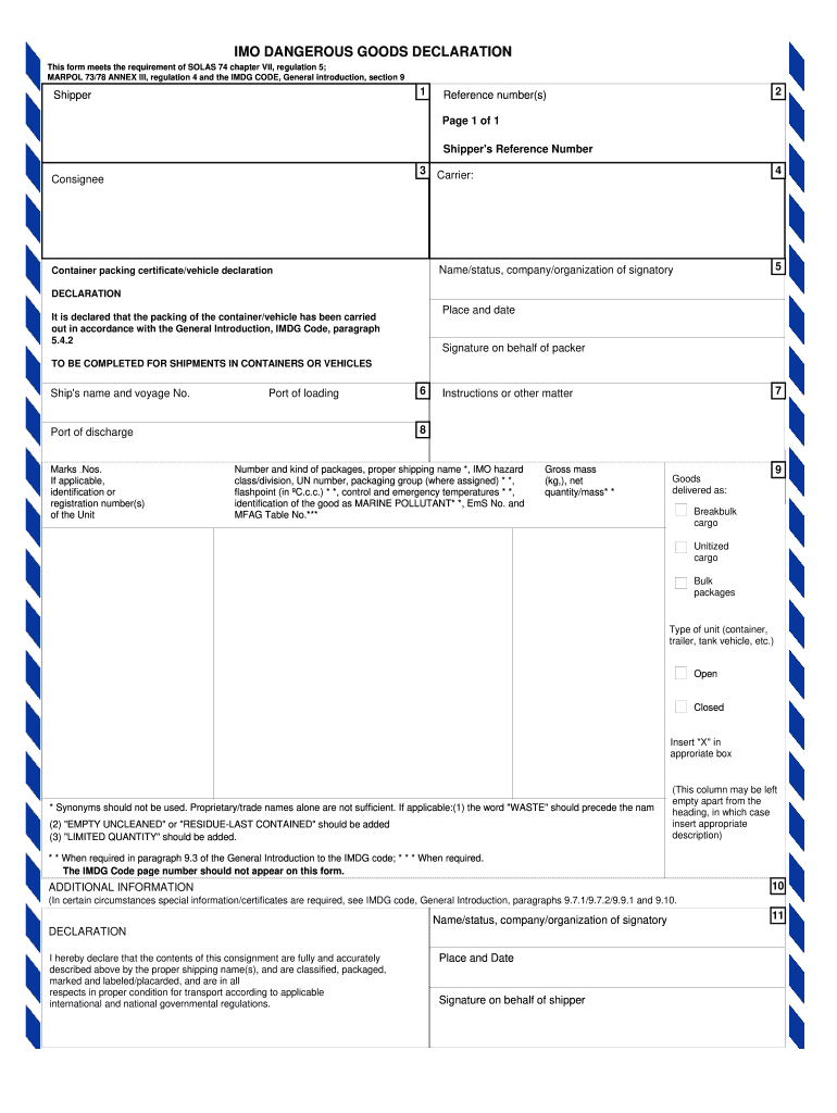 Imo Dangerous Goods Declaration  Form