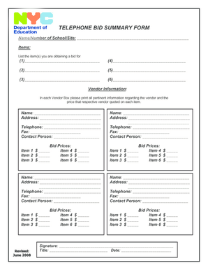 Telephone Bid Summary Form Schools Nyc