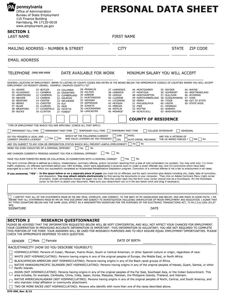  Sample Personal Data Sheet for Employment 2014