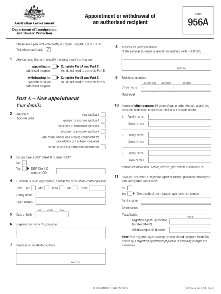 Form 956a Appointment or Withdrawal of an Authorised Recipient