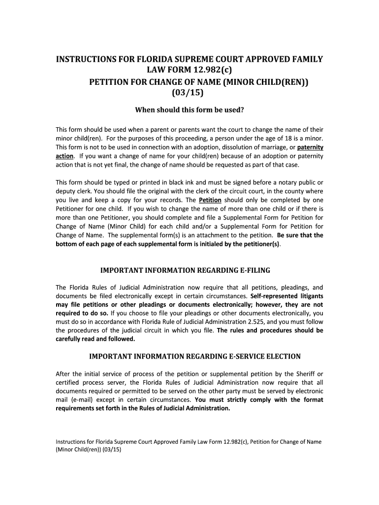  Florida Supreme Court Approved Family Law Form 12 982c, Petition for Change of Name Minor Children Florida Supreme Court Approve 2015