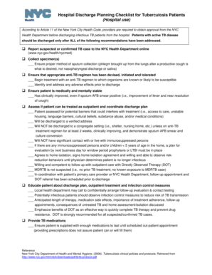 Hospital Discharge Planning Checklist for Tuberculosis Patients Nyc  Form