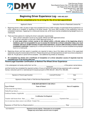 DLD 130 Beginning Driver Experience Log Nevada Department of Dmv Nv  Form
