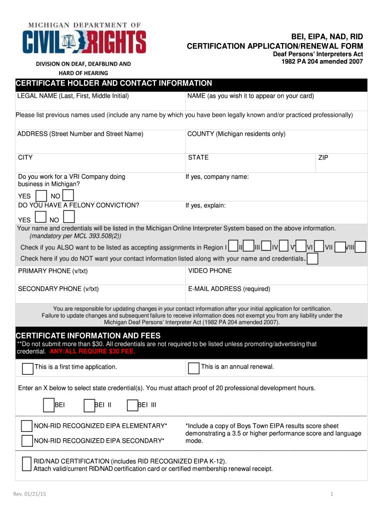 Get and Sign BEI, EIPA, NAD, RID Michigan 2015-2022 Form