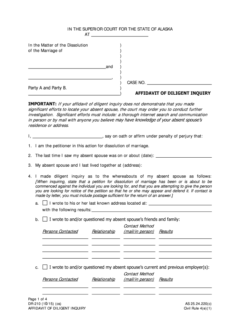 DR 210 Affidavit of Dilligent Inquiry 10 15 Domestic Relations Form