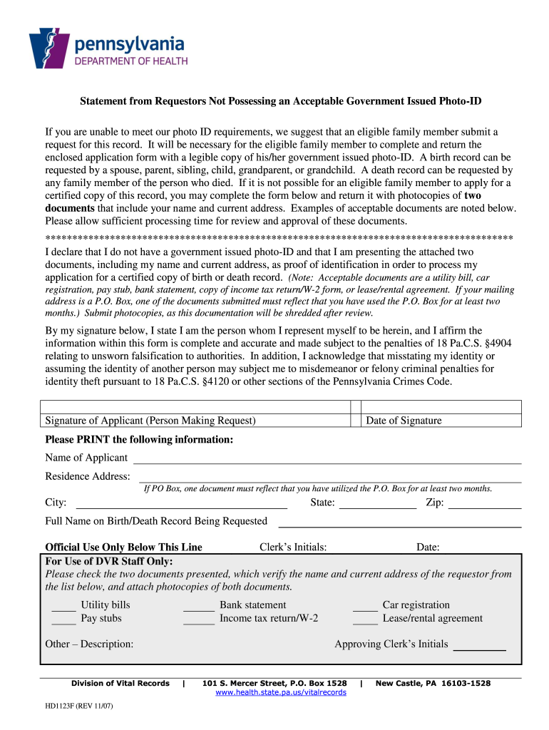  Statement from Requestors Not Possessing Acceptable Government Issued Photo ID 2007-2024