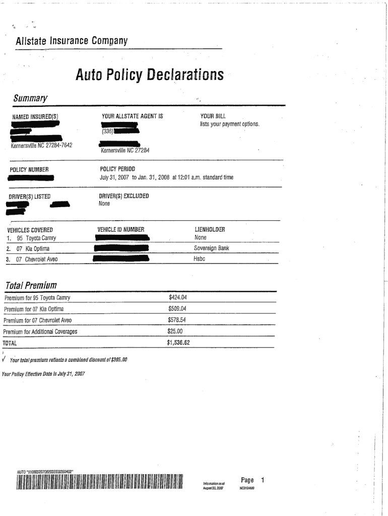 Insurance Declaration Page Template  Form
