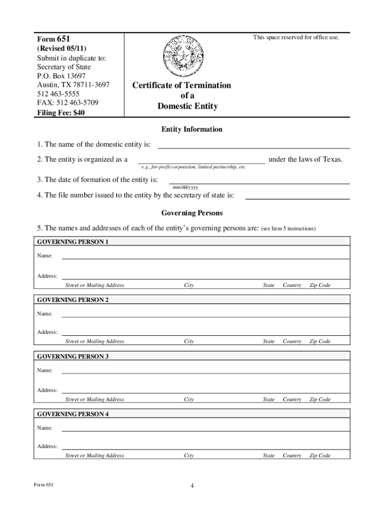 Form 651 Texas Certificate of Termination