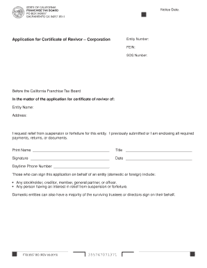  Application for Certificate of RevivorCorporation Franchise Tax 2015